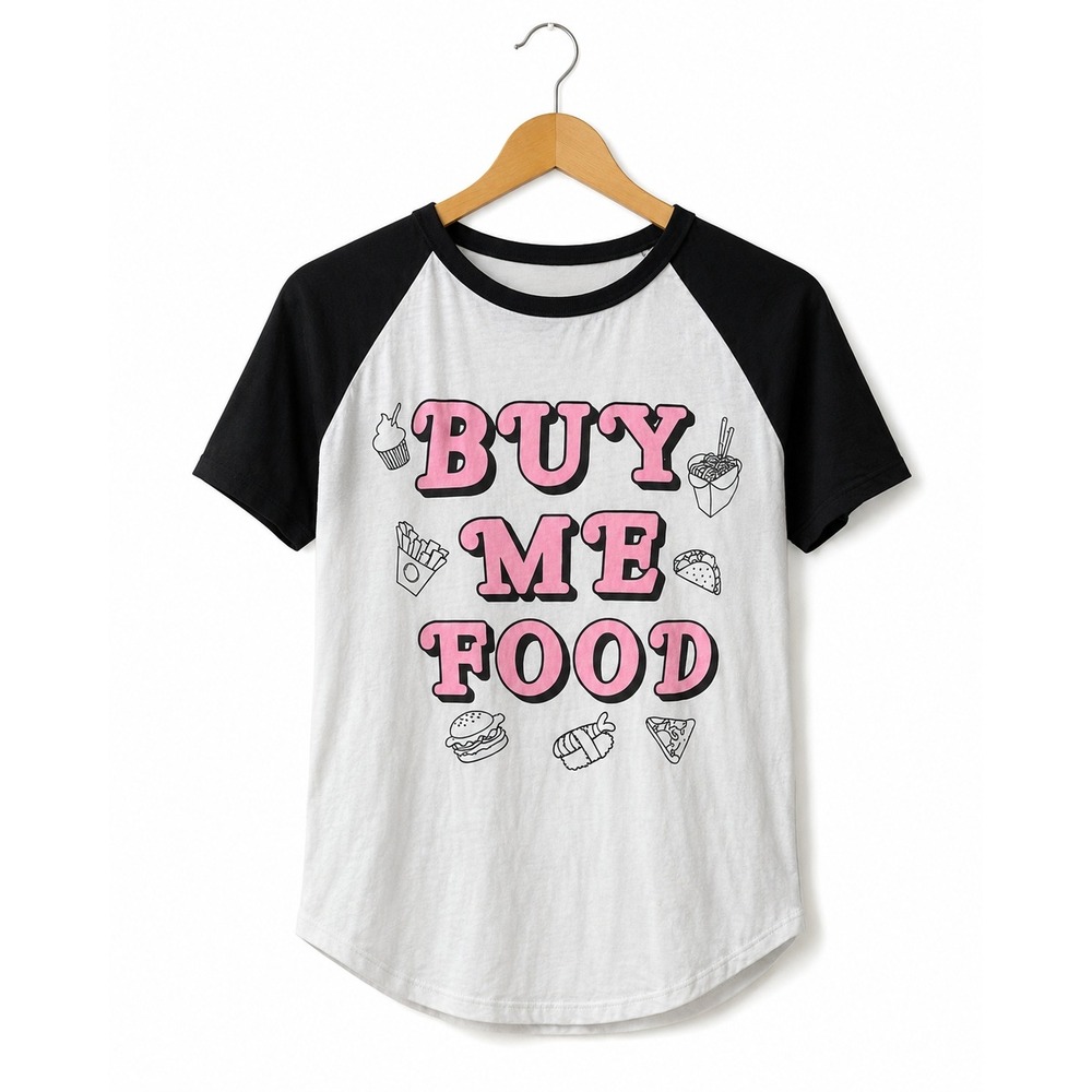 It Closet Juniors Womens Top Size Medium‎ Black White Baseball Tee Buy Me Food